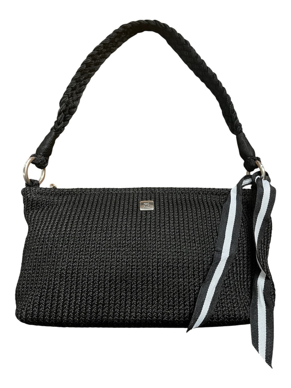 Black Woven Shoulder Bag with Braided Strap